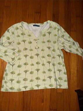 Coastal Palm Print Henley Top - Light Green - Petite XL